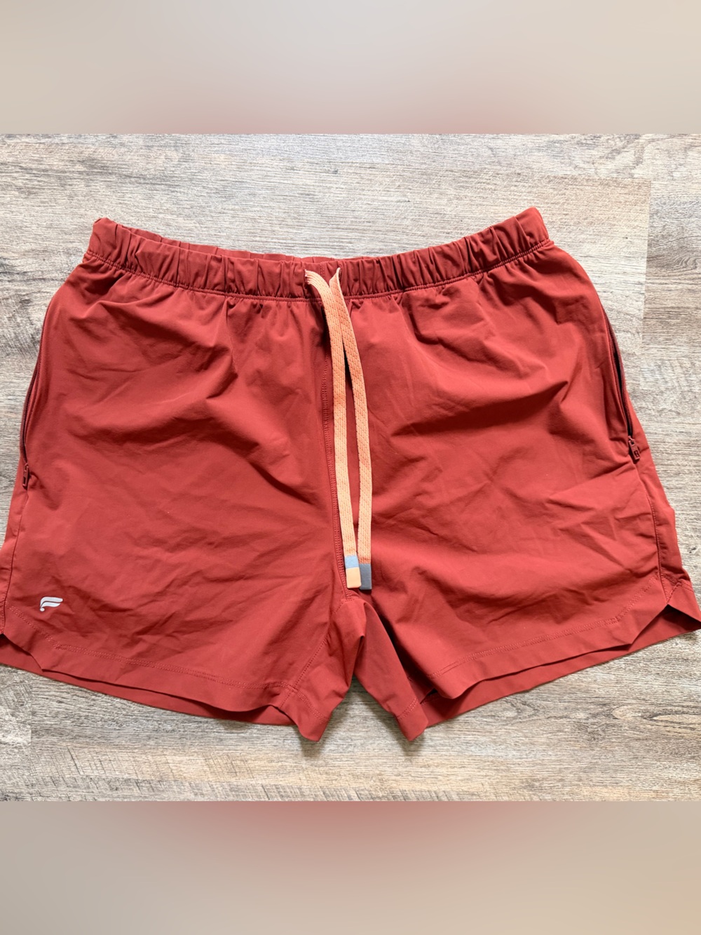 Fabletics Men's Rust Red Athletic Shorts with Peach Drawstring